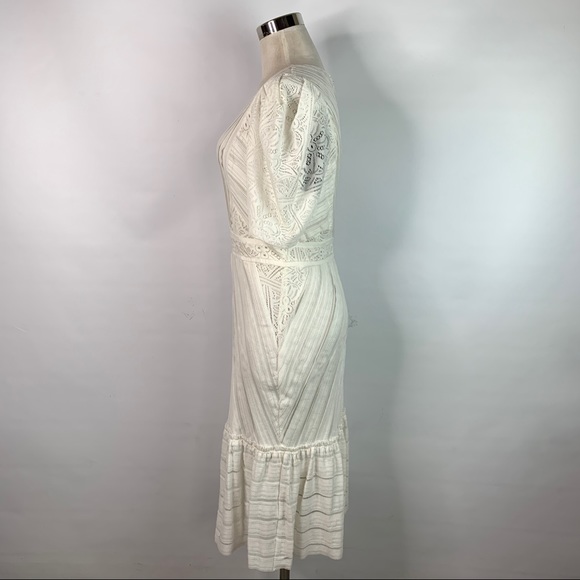 BCBGMaxAzria Ivory Midi Lace Trim Ruffle Hem Dress - Picture 5 of 9